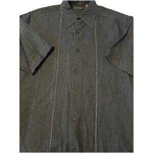 Claiborne Linen Guayabera Shirt Short Sleeve Black Men's L Button Up